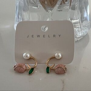 Elegant Gold and Pink Floral Earrings NIP